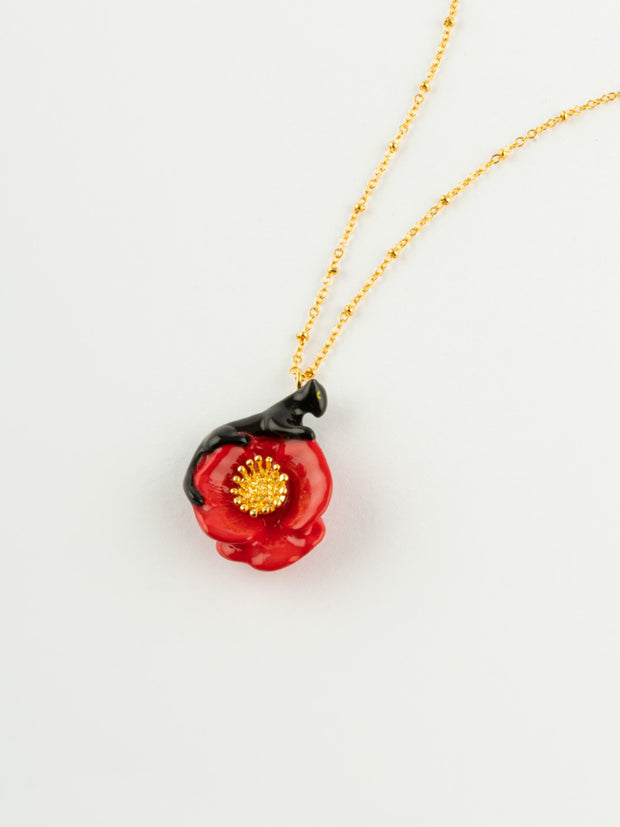 black panther on a poppy flower necklace